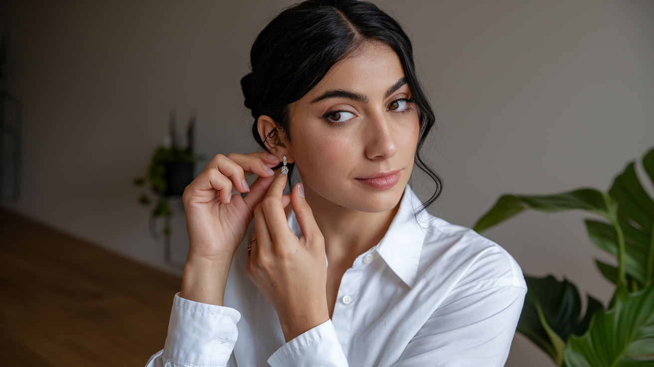 woman wearing lab-grown diamond earrings