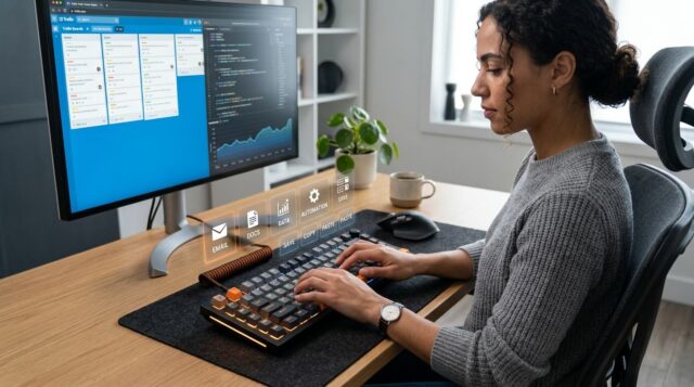 Professional working at a desk using a mechanical keyboard while productivity tools and task dashboards appear on the monitor.