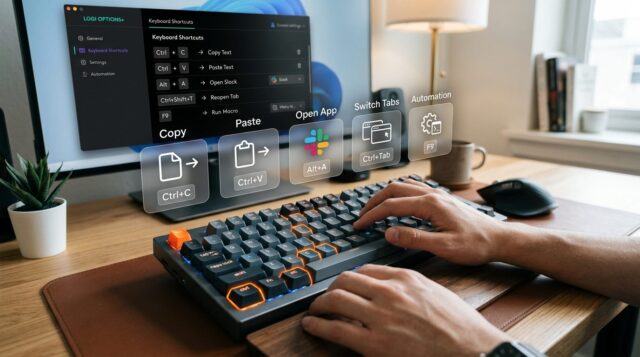 Mechanical keyboard with illuminated keys showing custom shortcut mappings like copy, paste, and app switching.