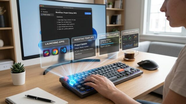 User triggering automated workflows from a programmable keyboard with overlays showing apps launching and documents formatting.