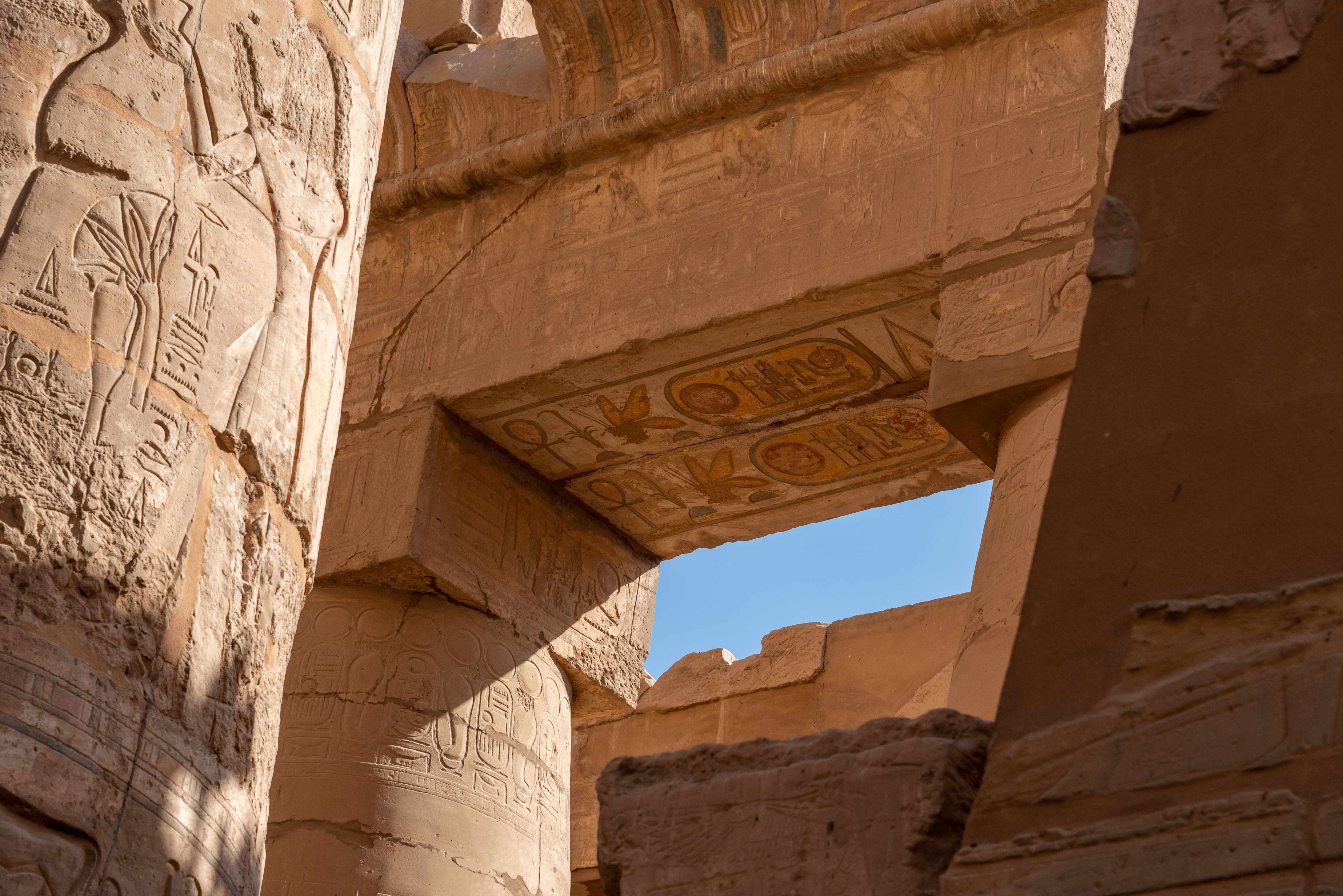 Detailed view of ancient hieroglyphics at Karnak Temple, Egypt